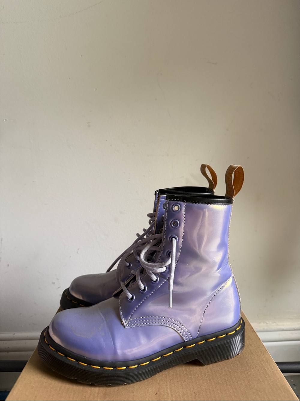 Dr. Martens Lavender Patent Lace-Up Boots with Black Sole and Tan Pull Tabs